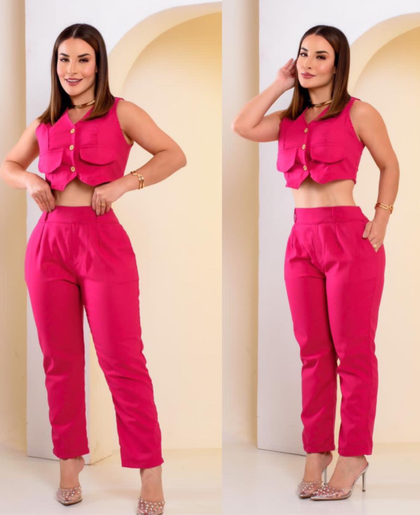 Conj. calça e colete pink. tecido s/ elastano.