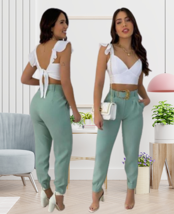 Conj. Mariana Calça verde, e cropped branco de malha.